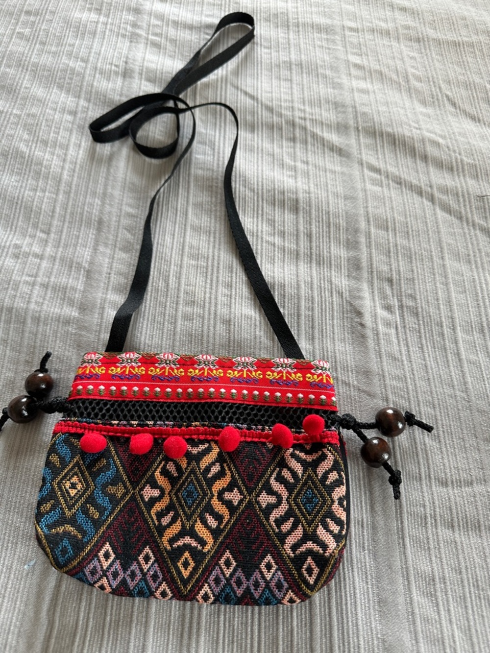 Boho Embroidered Mini Crossbody Bag - Red Accent